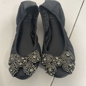 Tory Burch Black Leather Eddie Crystal Bow Ballet Scrunch Flat Size 8